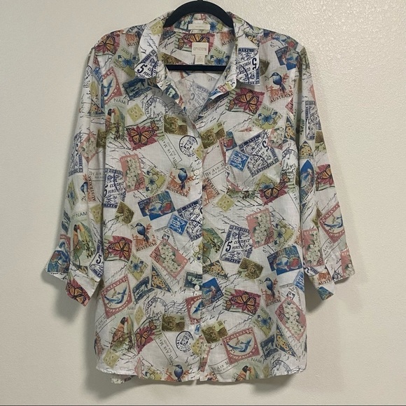Chicos Shirt Women’s Size XL Stamp travel 100% Linen Non Iron button up Shirt - Picture 1 of 12
